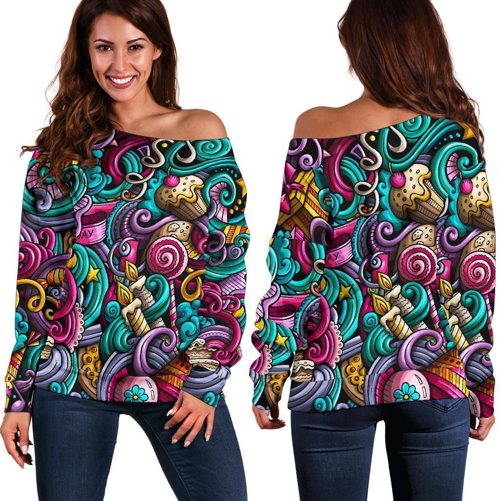 Print Pattern Birthday Women Off Shoulder Sweatshirt-grizzshop