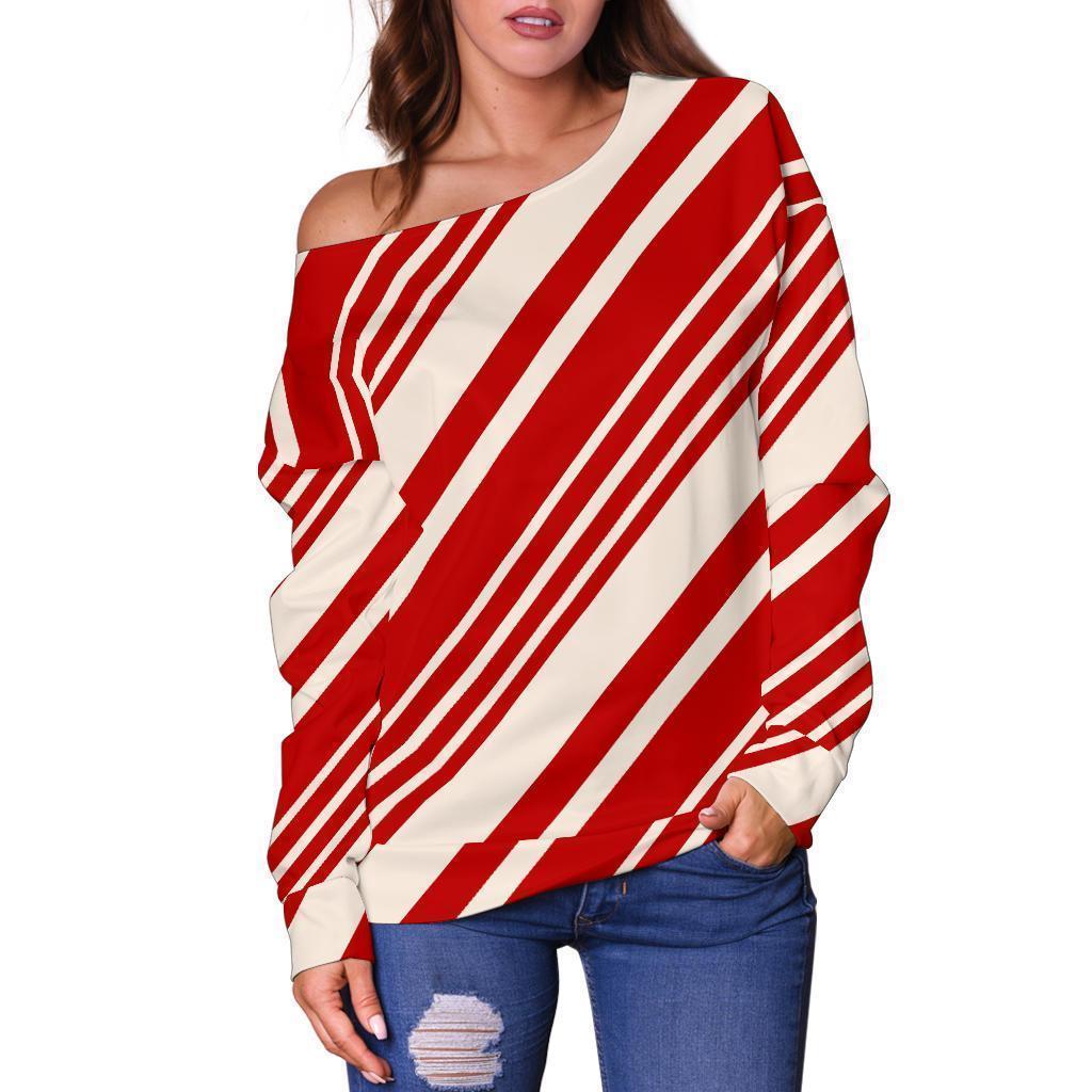 Print Pattern Candy Cane Women Off Shoulder Sweatshirt-grizzshop