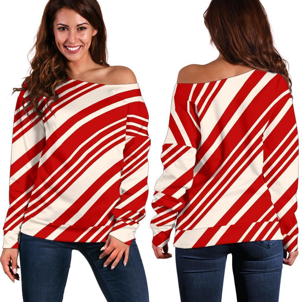 Print Pattern Candy Cane Women Off Shoulder Sweatshirt-grizzshop
