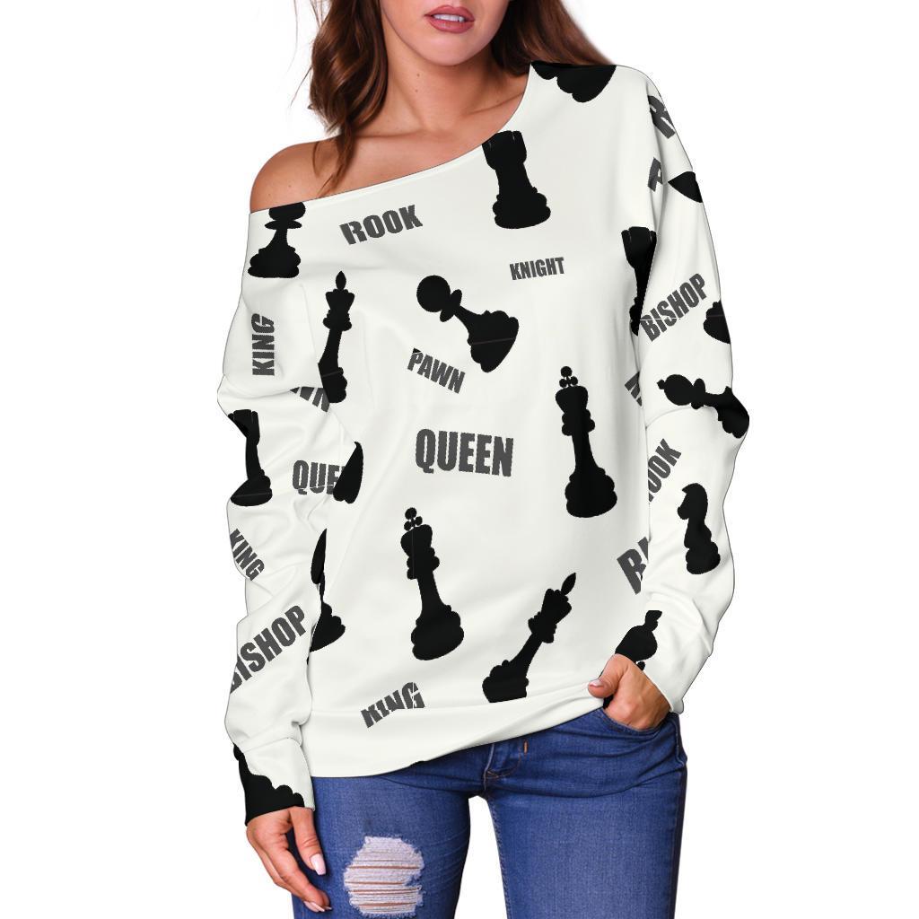 Print Pattern Chess Women Off Shoulder Sweatshirt-grizzshop