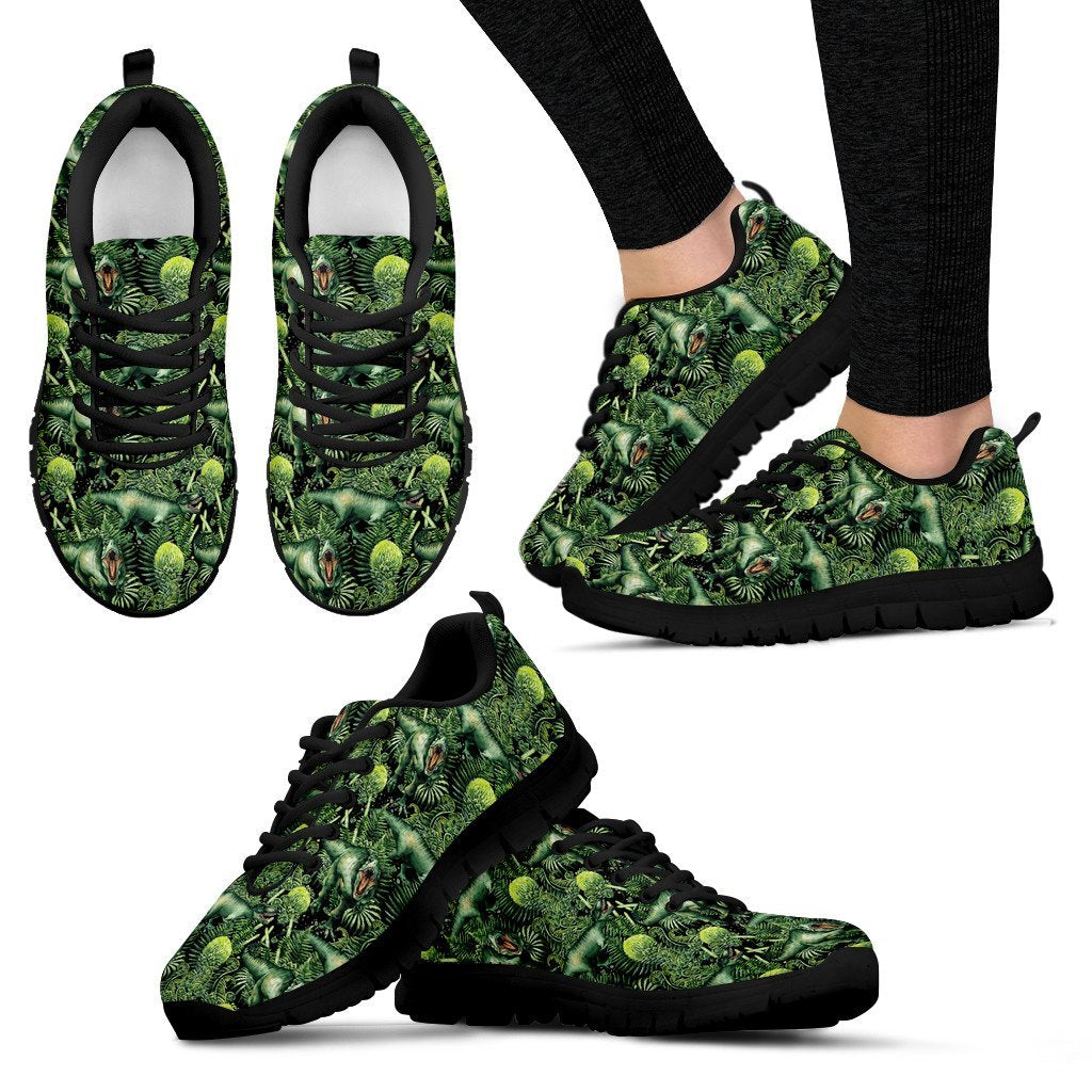 Print Pattern Dinosaur T rex Black Sneaker Shoes For Men Women-grizzshop