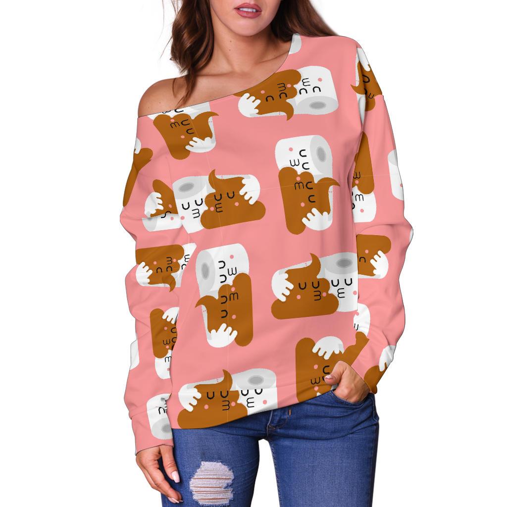 Print Pattern Emoji Poop Women Off Shoulder Sweatshirt-grizzshop