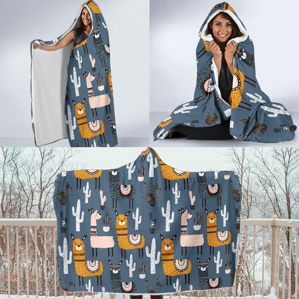 Print Pattern Llama Cactus Hooded Blanket-grizzshop