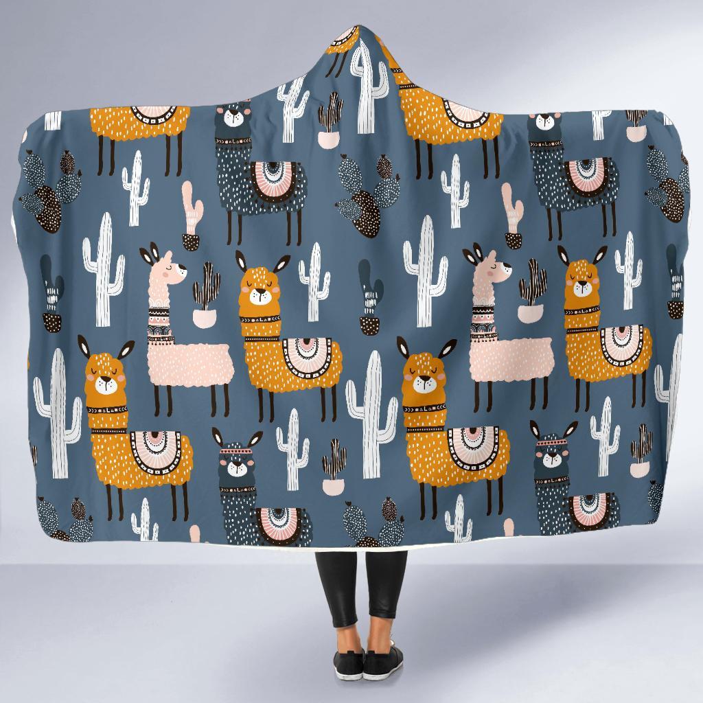 Print Pattern Llama Cactus Hooded Blanket-grizzshop