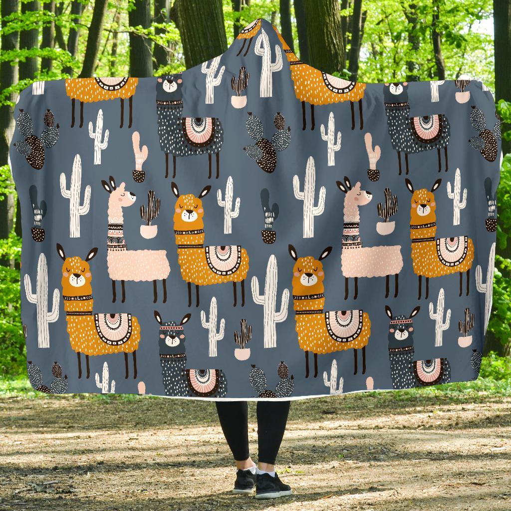 Print Pattern Llama Cactus Hooded Blanket-grizzshop