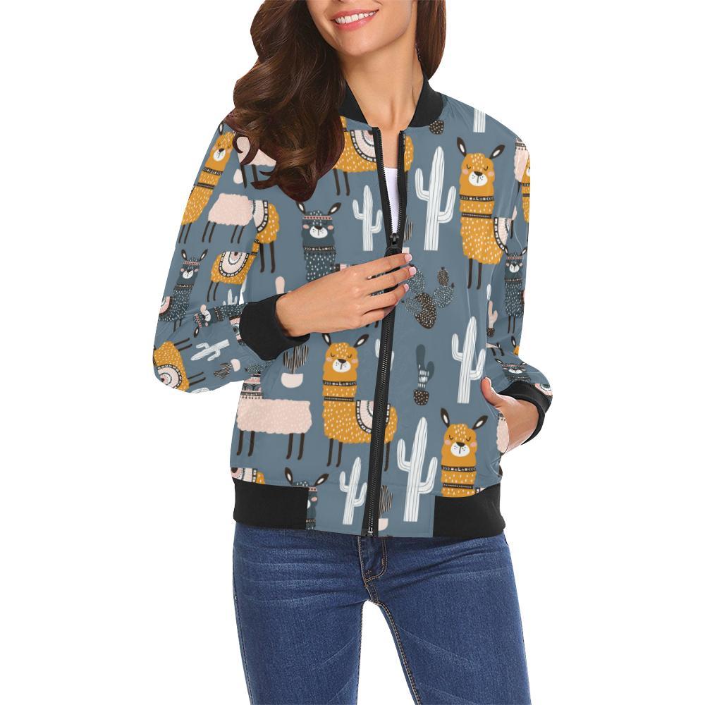 Print Pattern Llama Cactus Women Casual Bomber Jacket-grizzshop