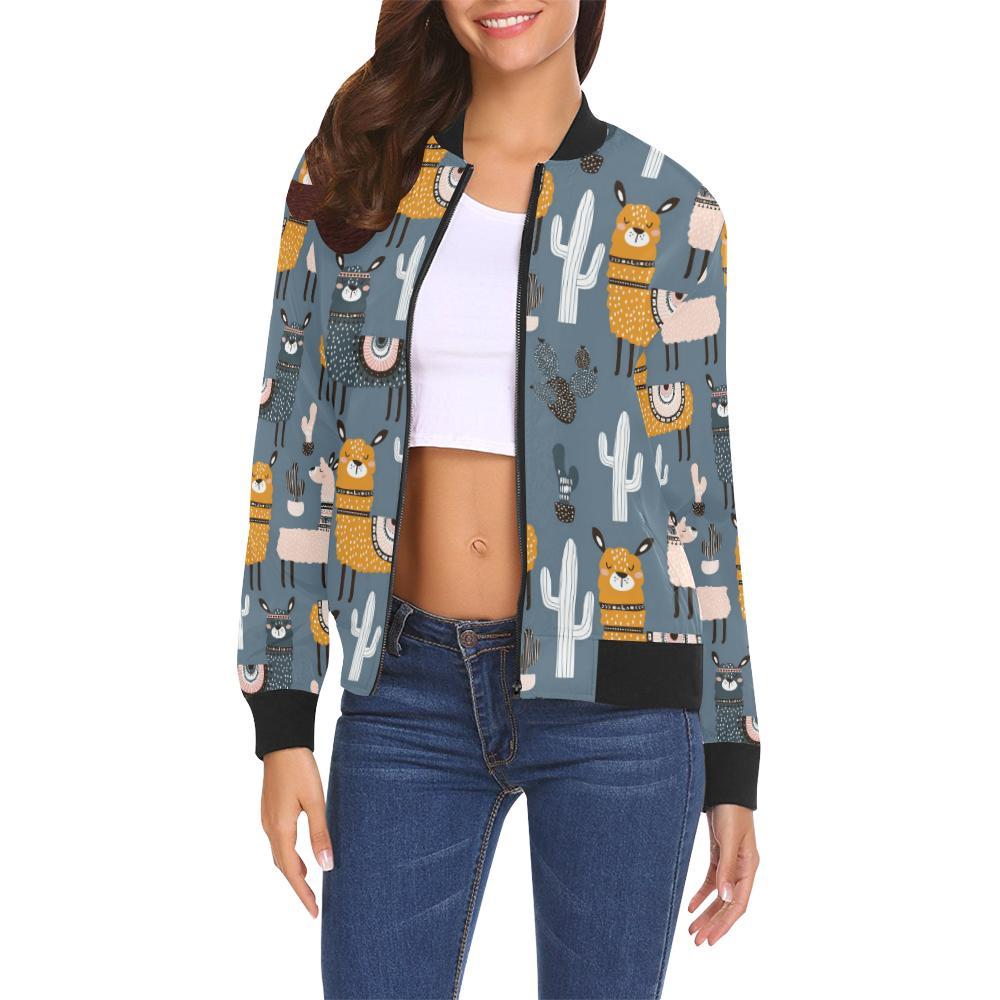 Print Pattern Llama Cactus Women Casual Bomber Jacket-grizzshop