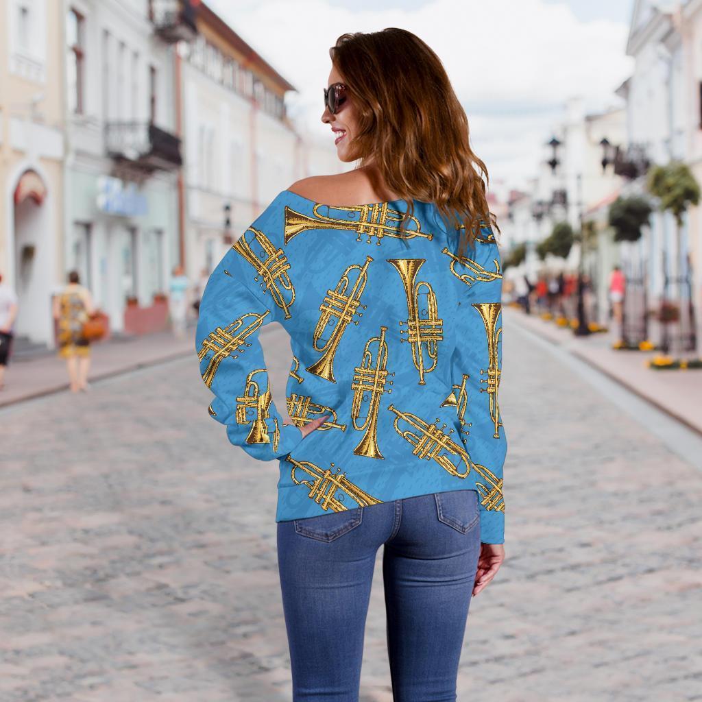 Print Pattern Trumpet Women Off Shoulder Sweatshirt-grizzshop