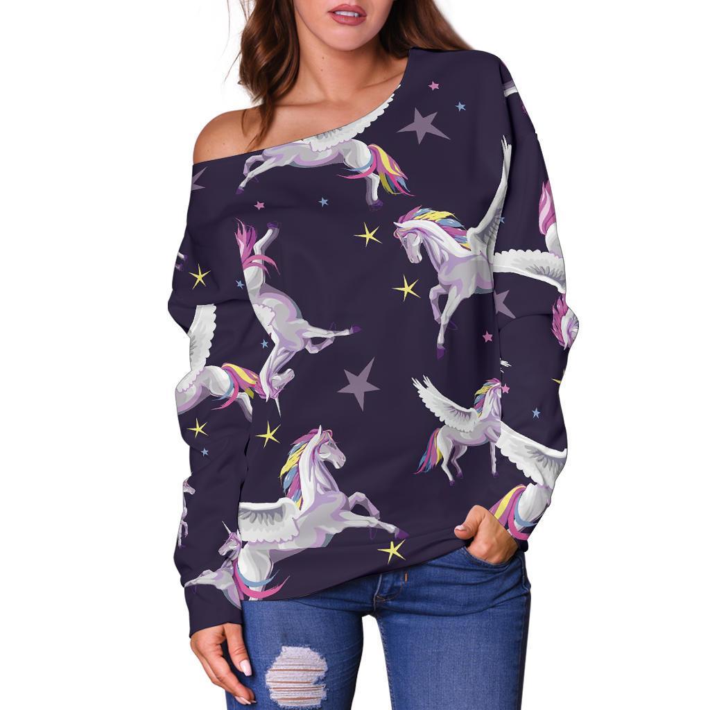 Print Pattern Unicorn Women Off Shoulder Sweatshirt-grizzshop