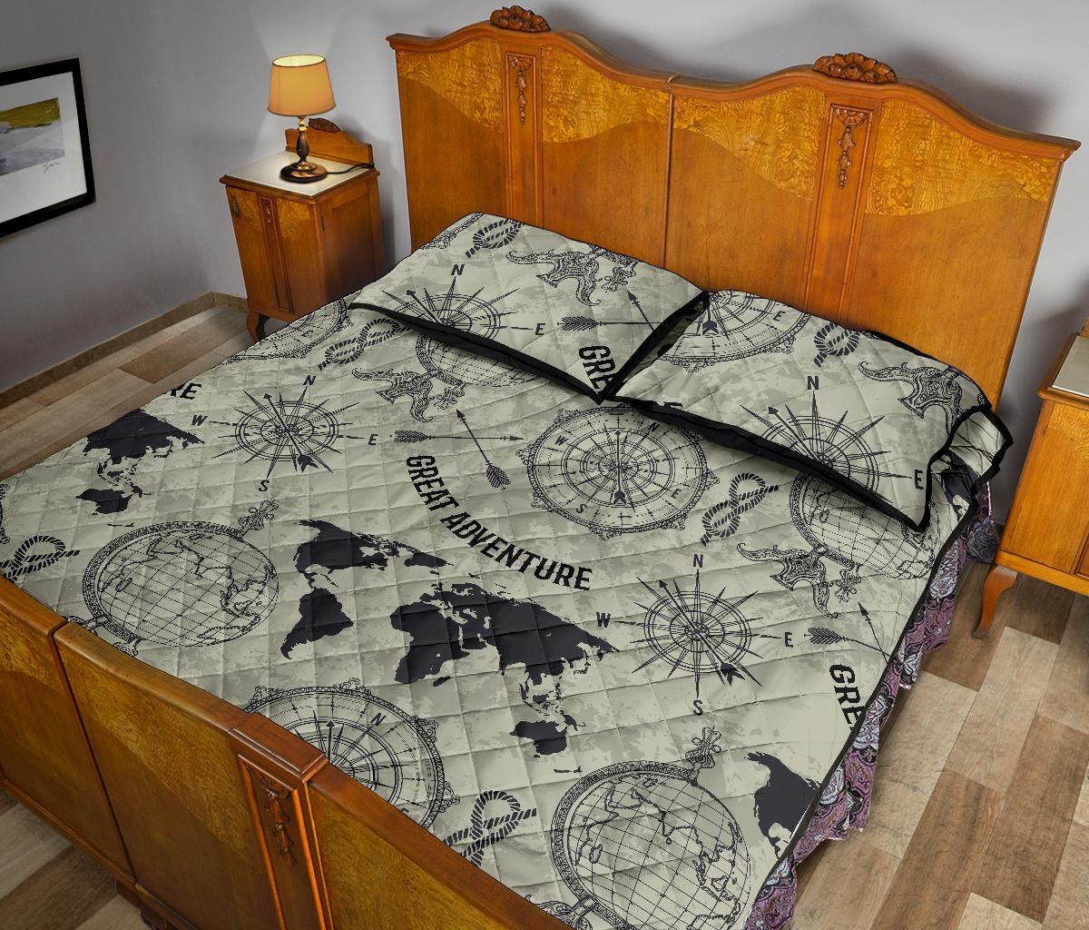 Print Pattern World Map Bed Set Quilt-grizzshop