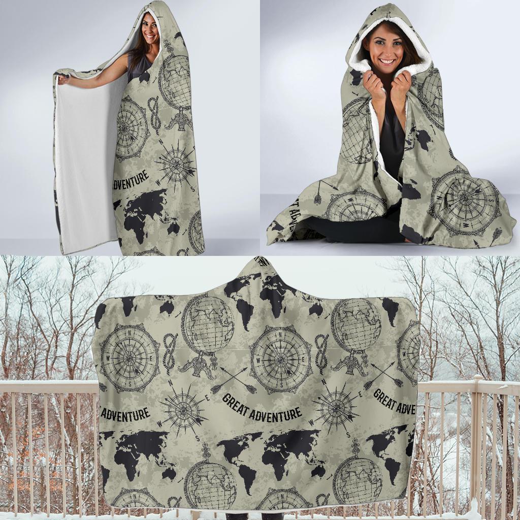 Print Pattern World Map Hooded Blanket-grizzshop