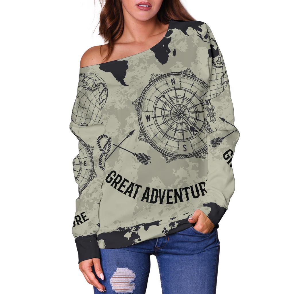 Print Pattern World Map Women Off Shoulder Sweatshirt-grizzshop