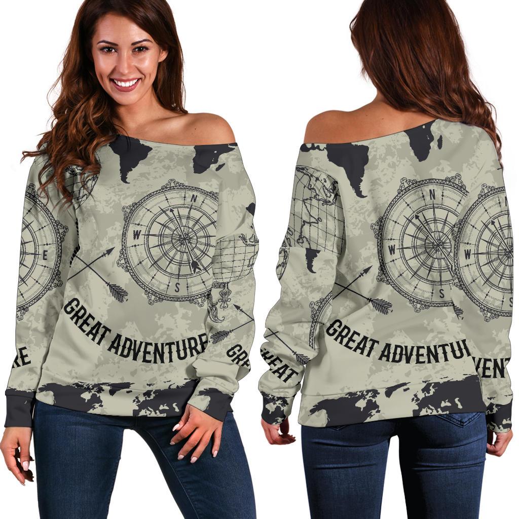 Print Pattern World Map Women Off Shoulder Sweatshirt-grizzshop