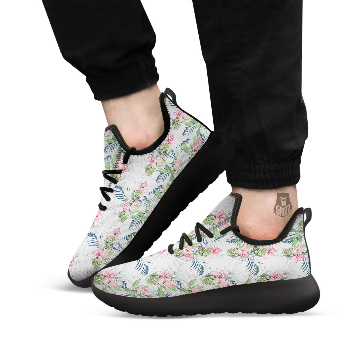 Protea Pink Print Pattern Black Athletic Shoes-grizzshop
