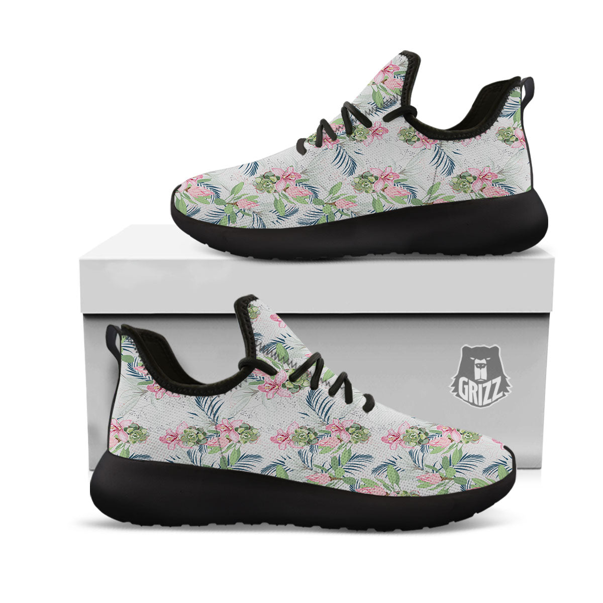 Protea Pink Print Pattern Black Athletic Shoes-grizzshop