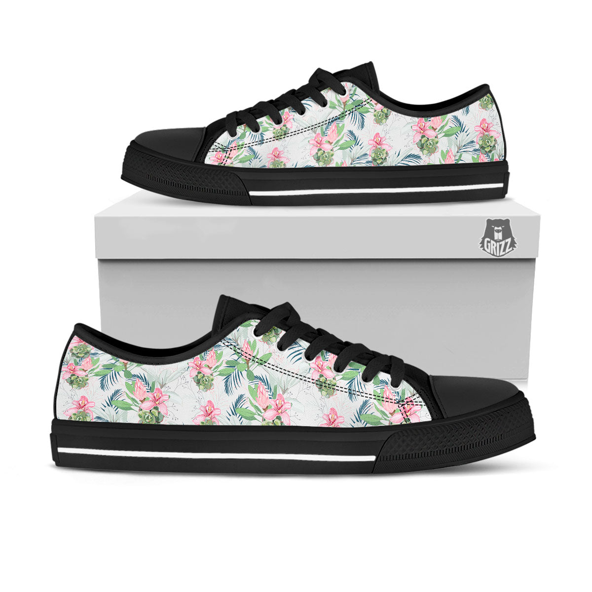 Protea Pink Print Pattern Black Low Top Shoes-grizzshop