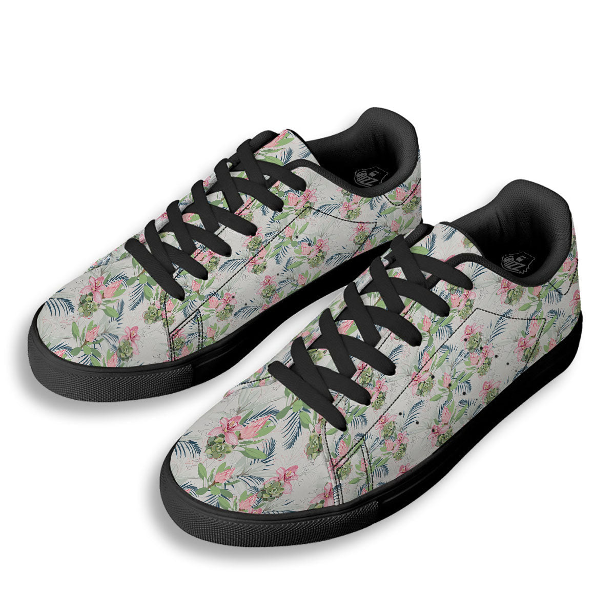 Protea Pink Print Pattern Black Low Top Sneakers-grizzshop