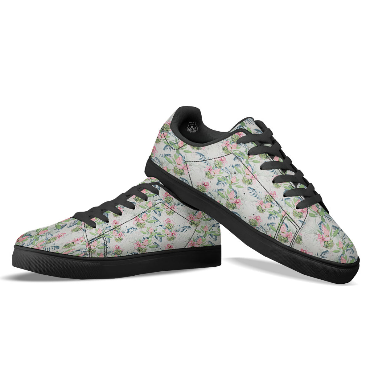 Protea Pink Print Pattern Black Low Top Sneakers-grizzshop