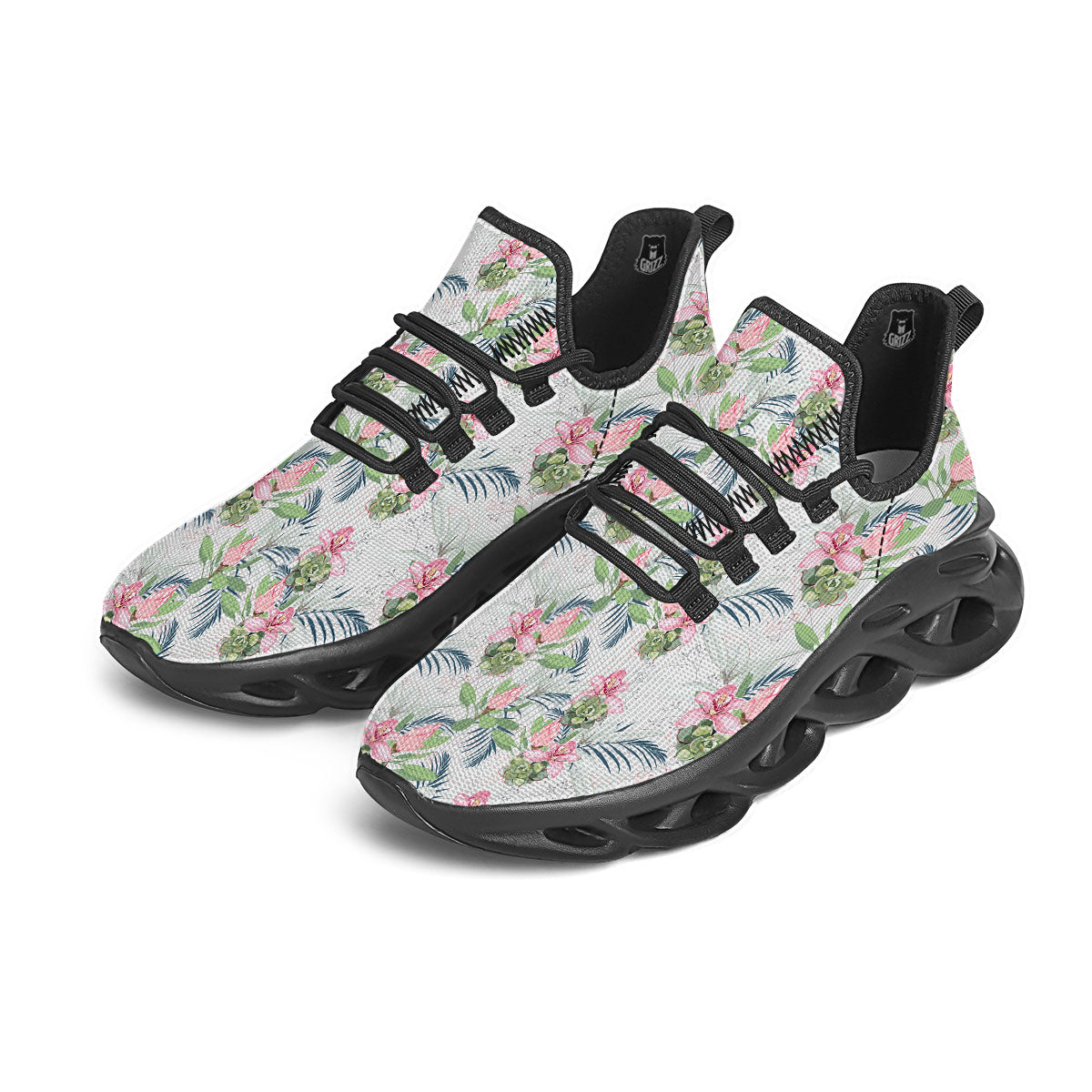 Protea Pink Print Pattern Black Running Shoes-grizzshop