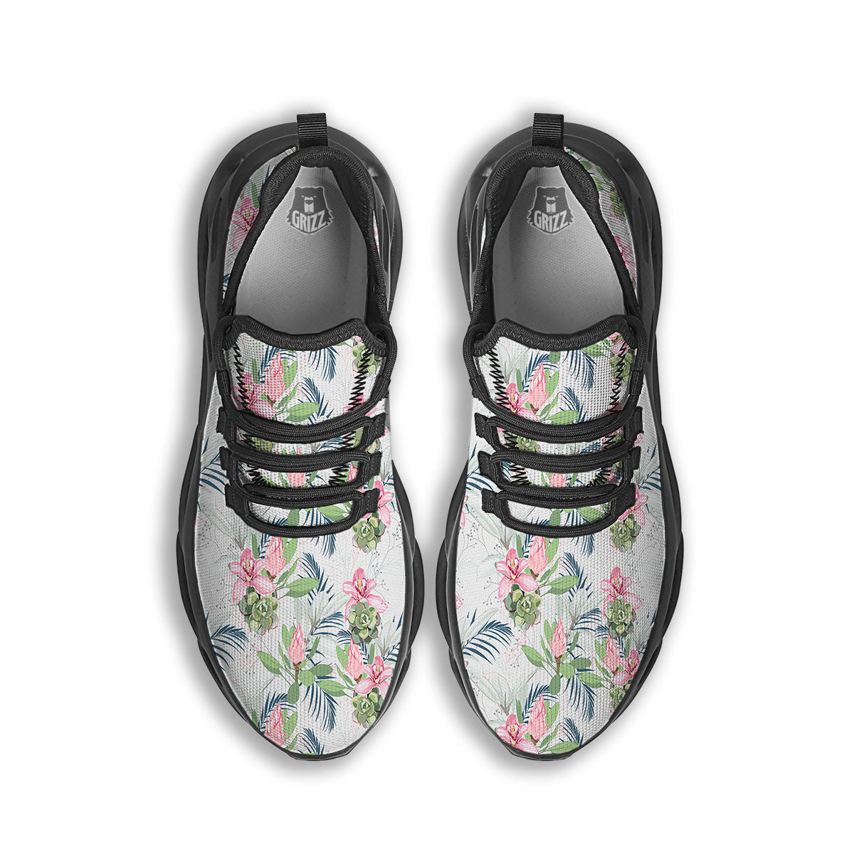 Protea Pink Print Pattern Black Running Shoes-grizzshop