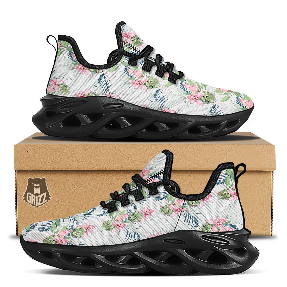 Protea Pink Print Pattern Black Running Shoes-grizzshop