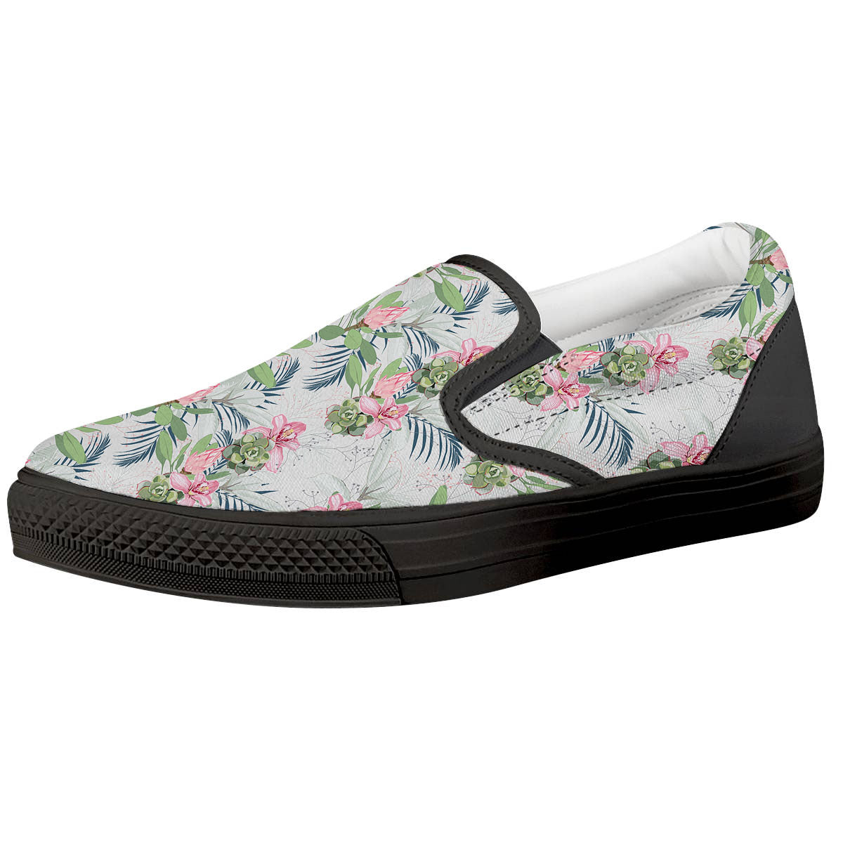 Protea Pink Print Pattern Black Slip On Shoes-grizzshop