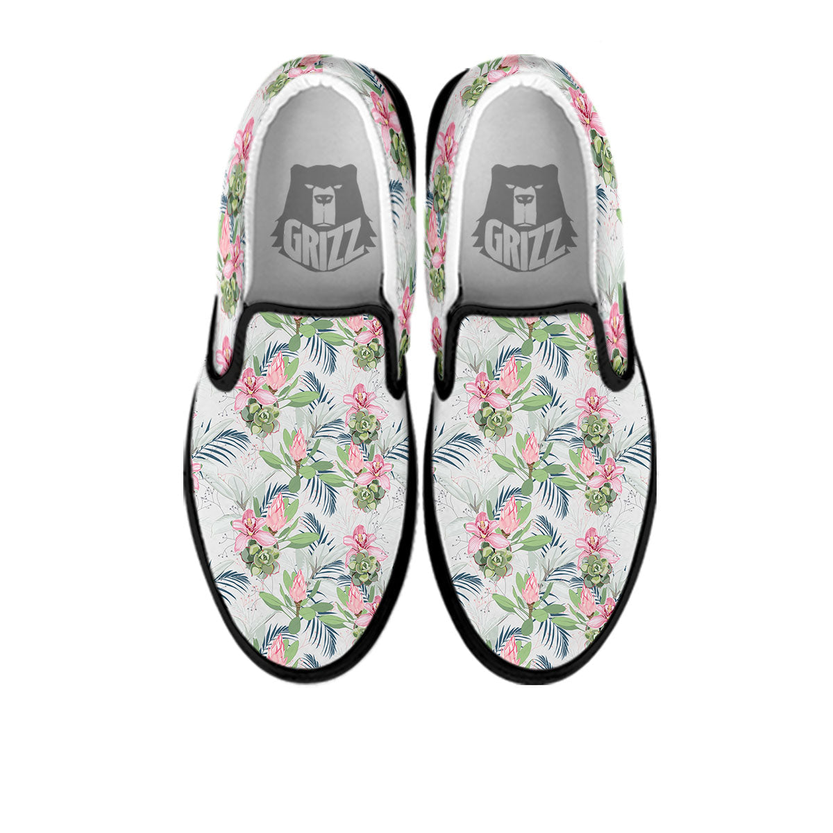 Protea Pink Print Pattern Black Slip On Shoes-grizzshop