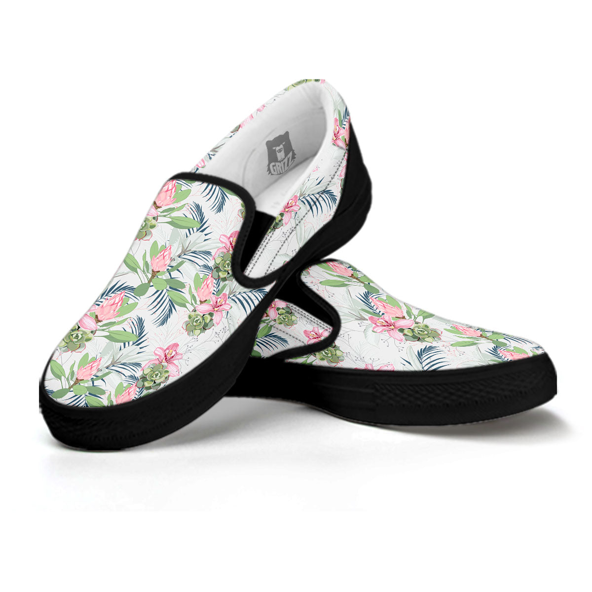 Protea Pink Print Pattern Black Slip On Shoes-grizzshop