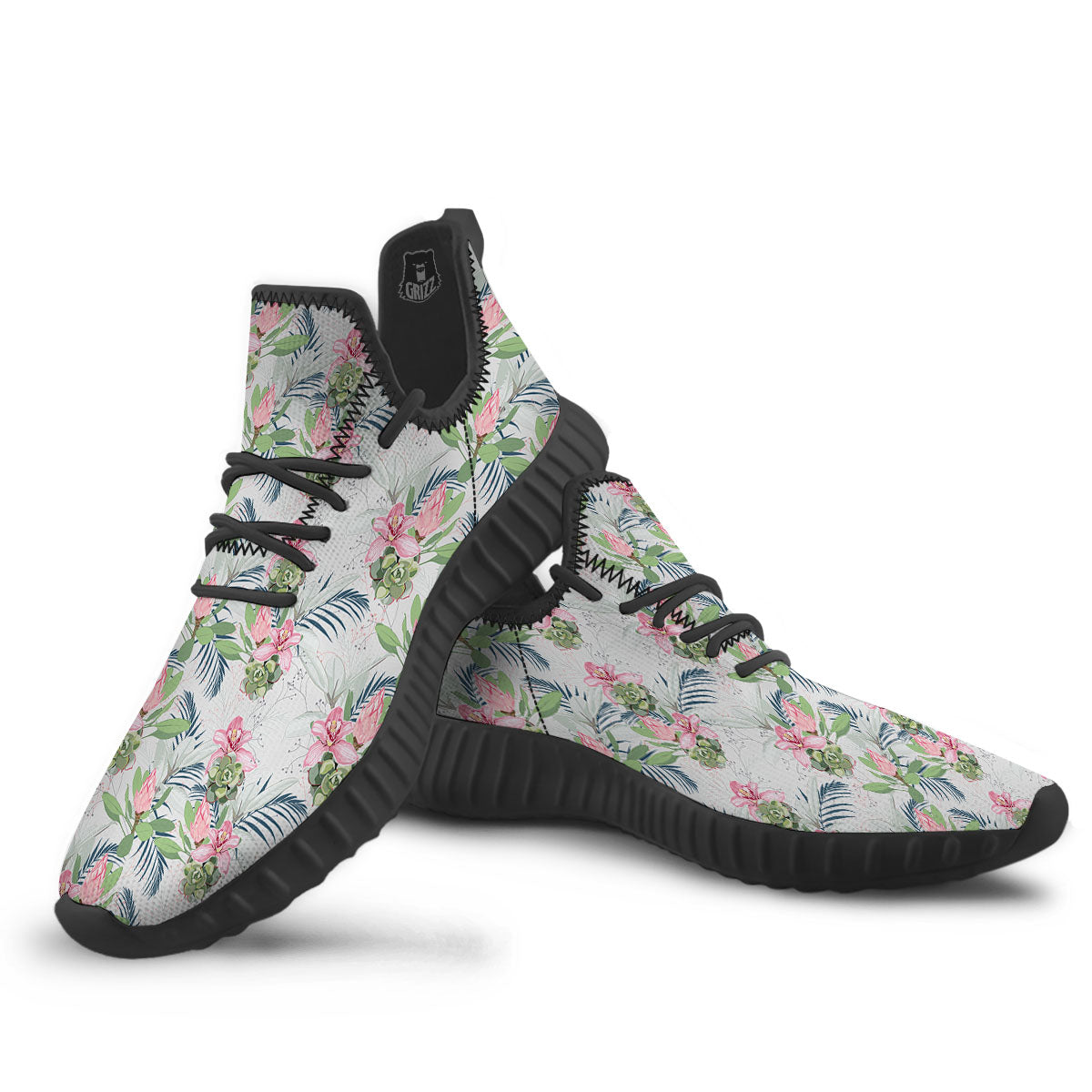 Protea Pink Print Pattern Black Walking Shoes-grizzshop