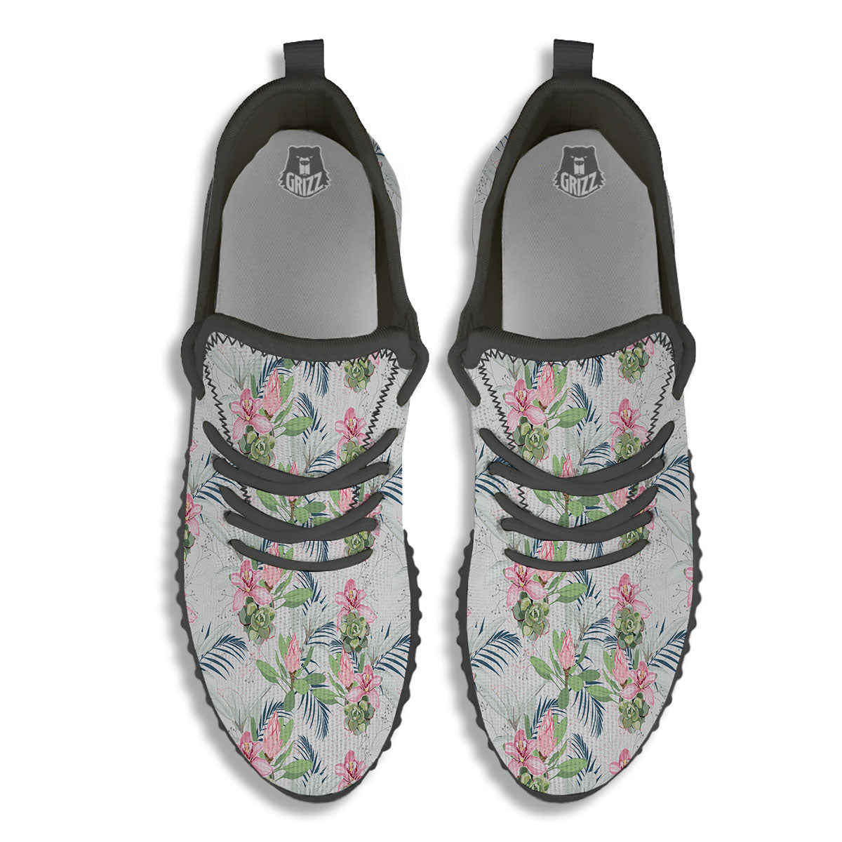Protea Pink Print Pattern Black Walking Shoes-grizzshop