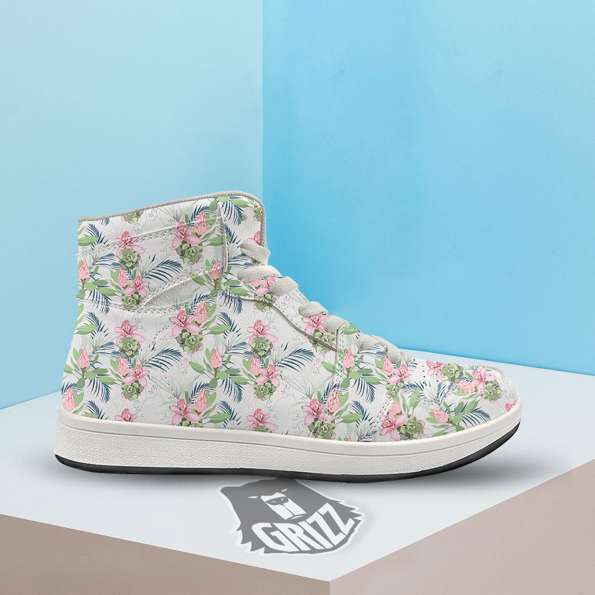 Protea Pink Print Pattern High Top Sneakers-grizzshop