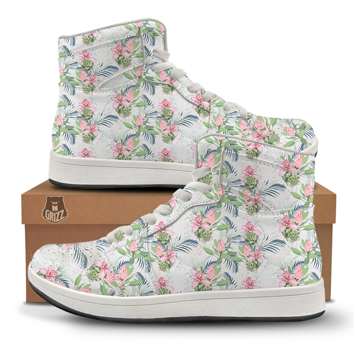 Protea Pink Print Pattern High Top Sneakers-grizzshop