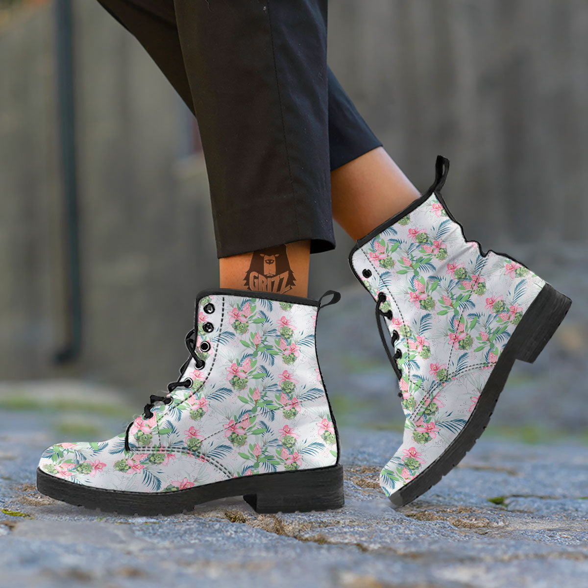 Protea Pink Print Pattern Leather Boots-grizzshop