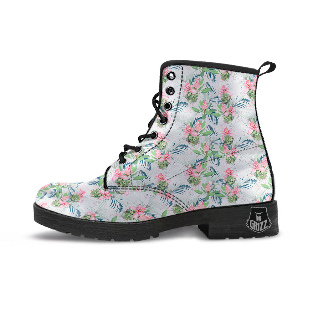 Protea Pink Print Pattern Leather Boots-grizzshop