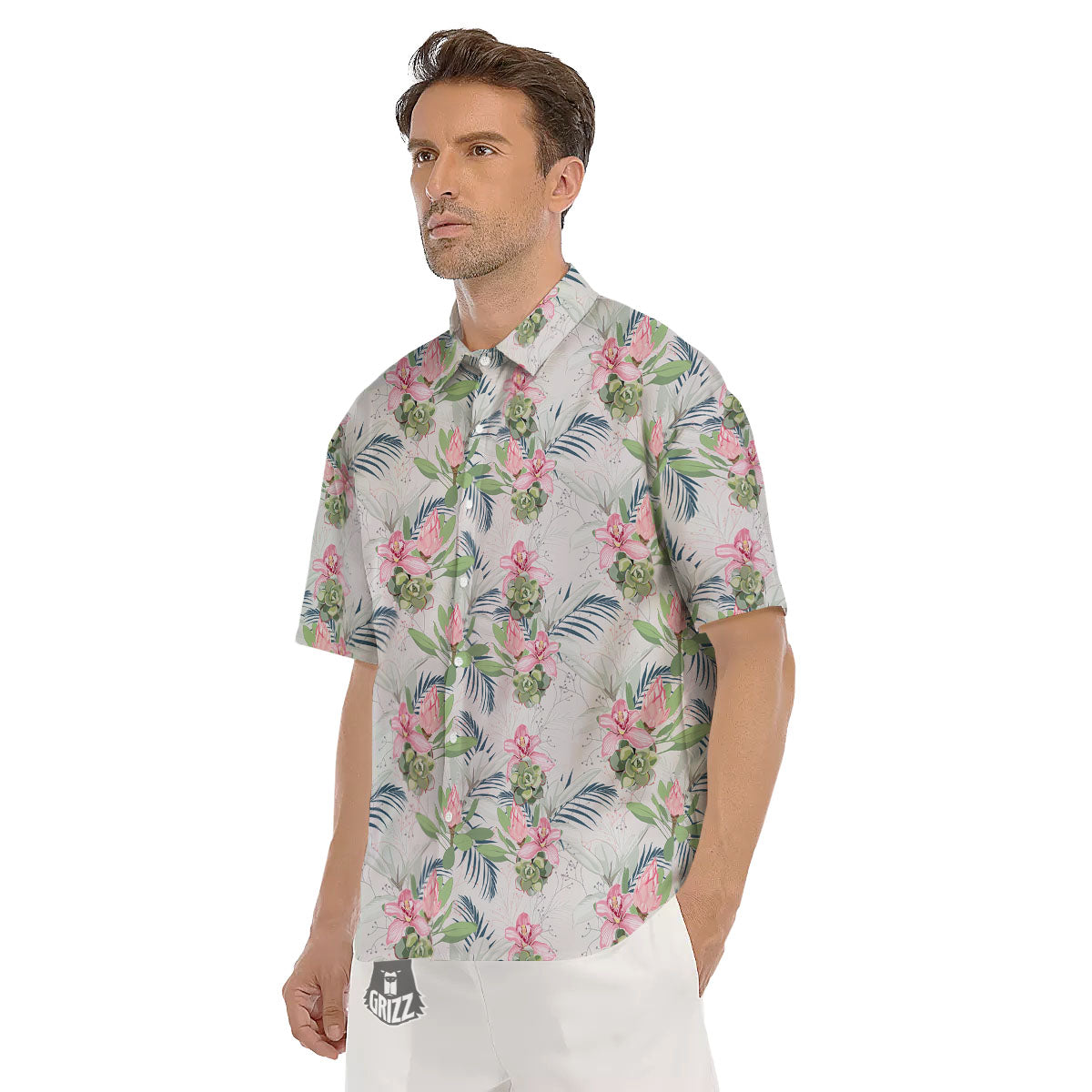 Protea Pink Print Pattern Men's Short Sleeve Shirts-grizzshop