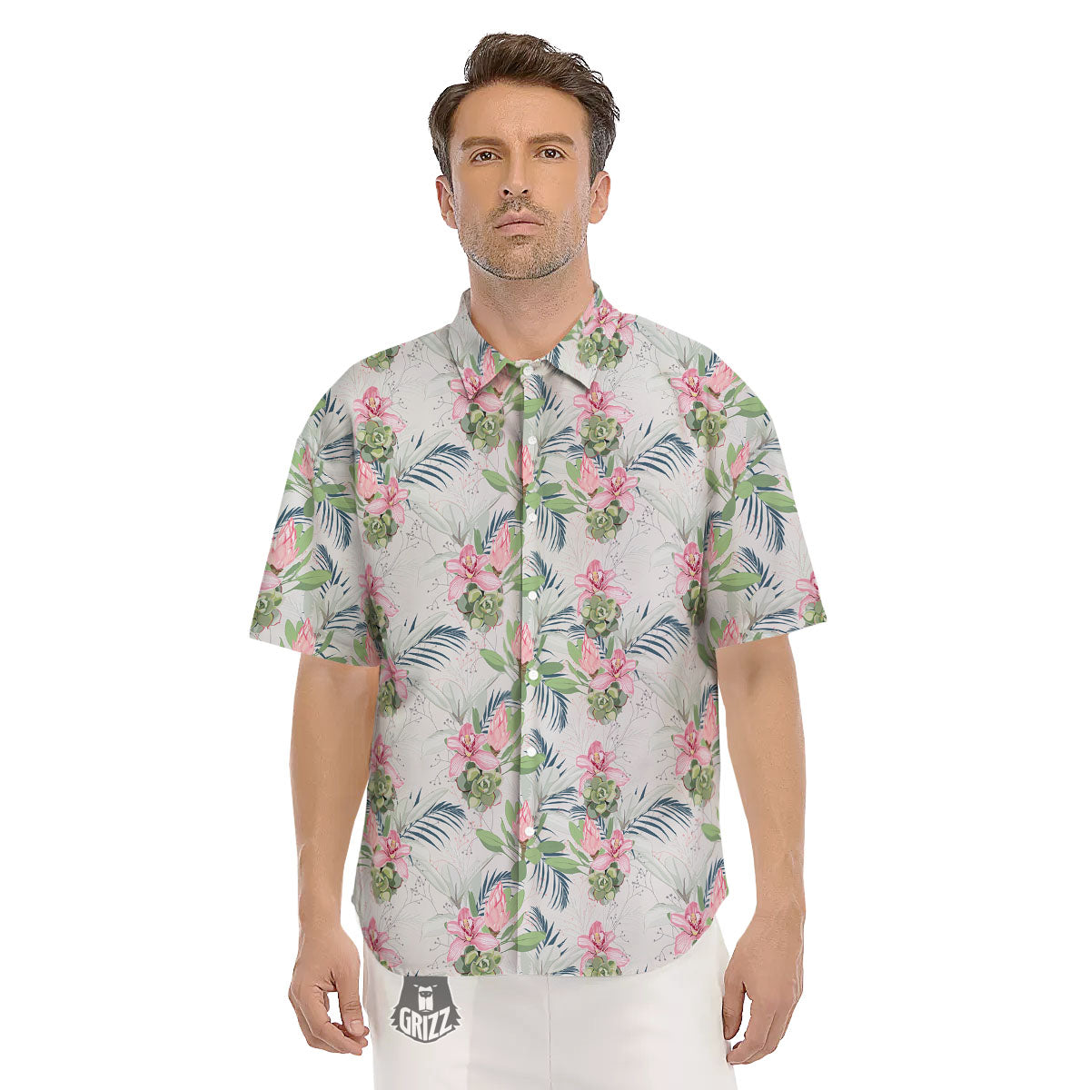 Protea Pink Print Pattern Men's Short Sleeve Shirts-grizzshop