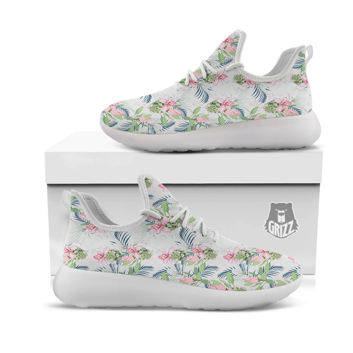 Protea Pink Print Pattern White Athletic Shoes-grizzshop