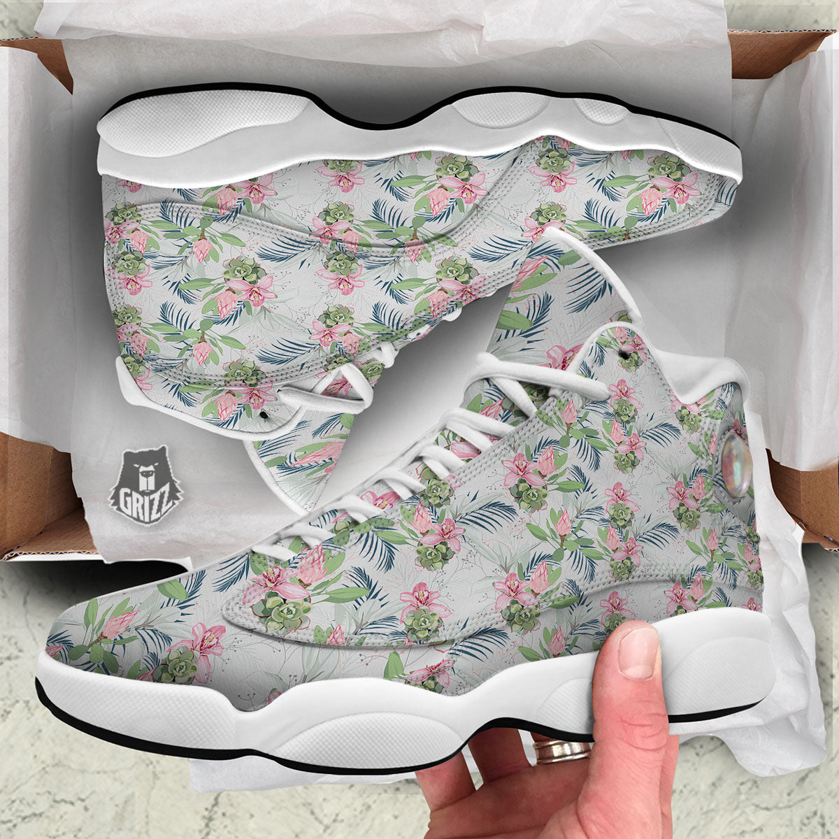 Protea Pink Print Pattern White Basketball Shoes-grizzshop