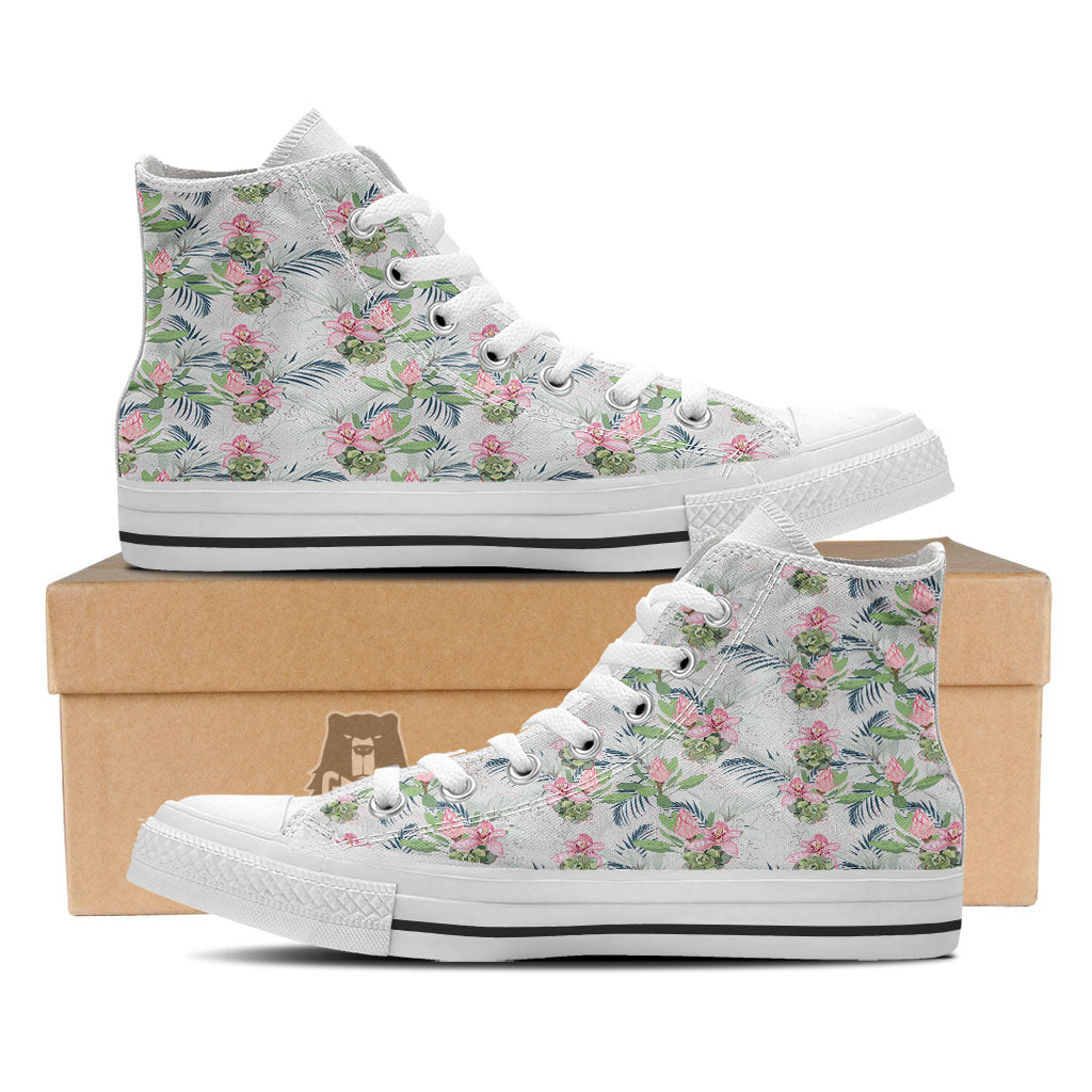 Protea Pink Print Pattern White High Top Shoes-grizzshop