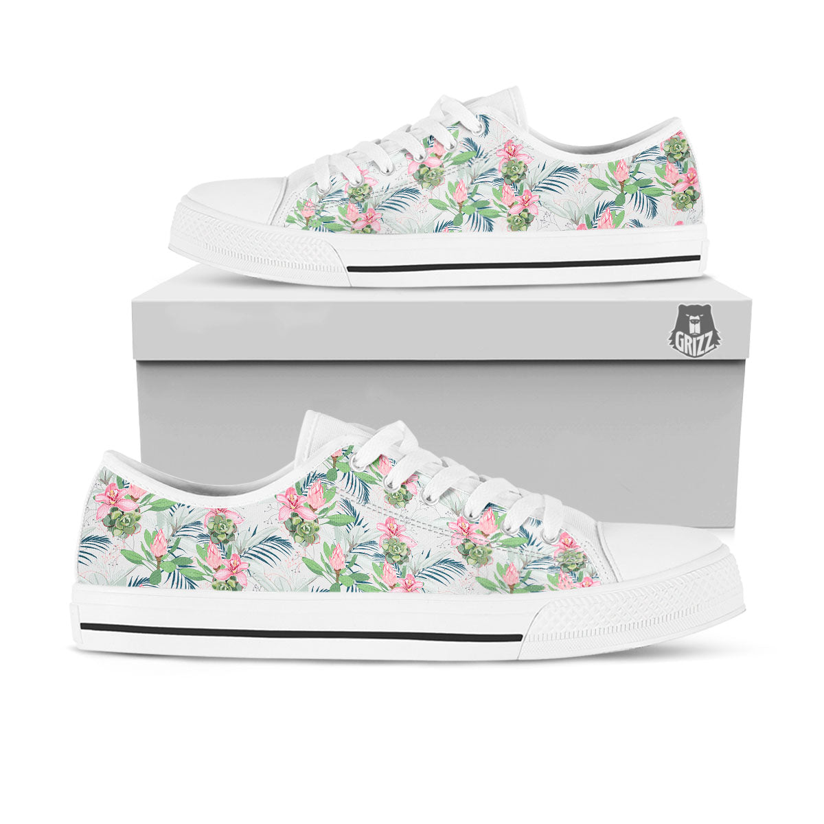 Protea Pink Print Pattern White Low Top Shoes-grizzshop