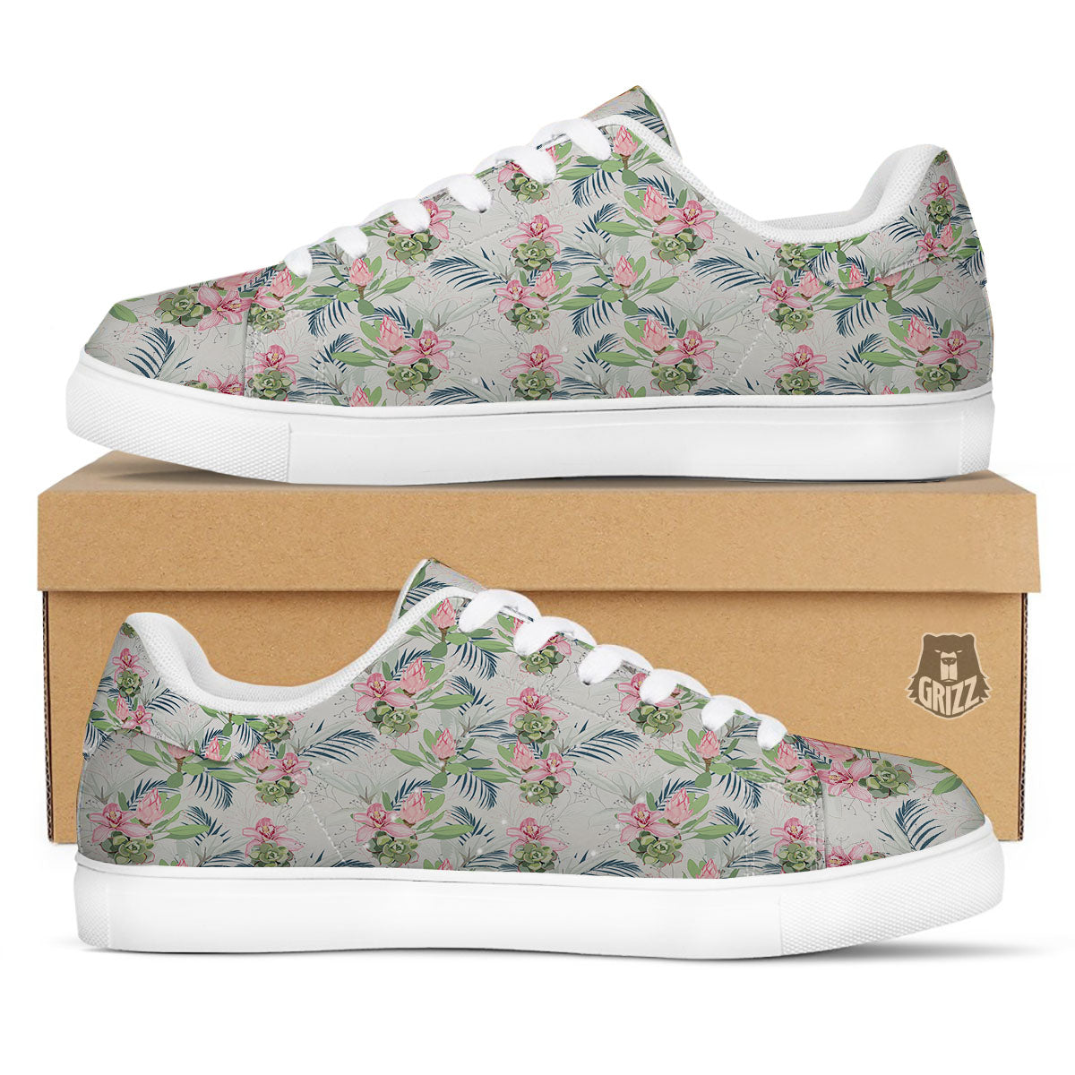 Protea Pink Print Pattern White Low Top Sneakers-grizzshop