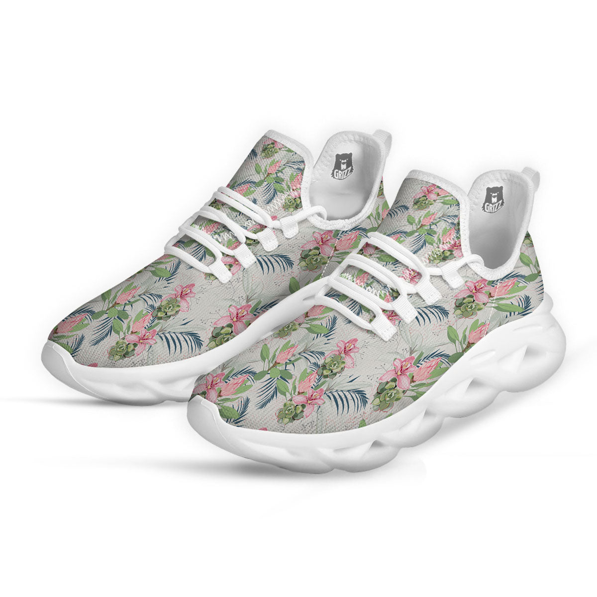 Protea Pink Print Pattern White Running Shoes-grizzshop