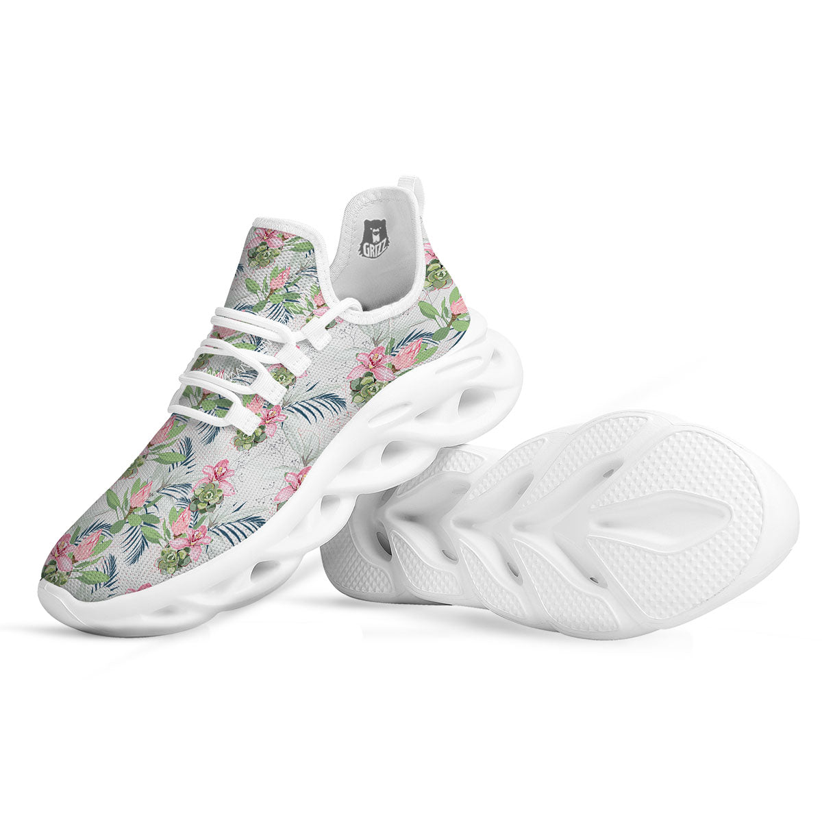 Protea Pink Print Pattern White Running Shoes-grizzshop
