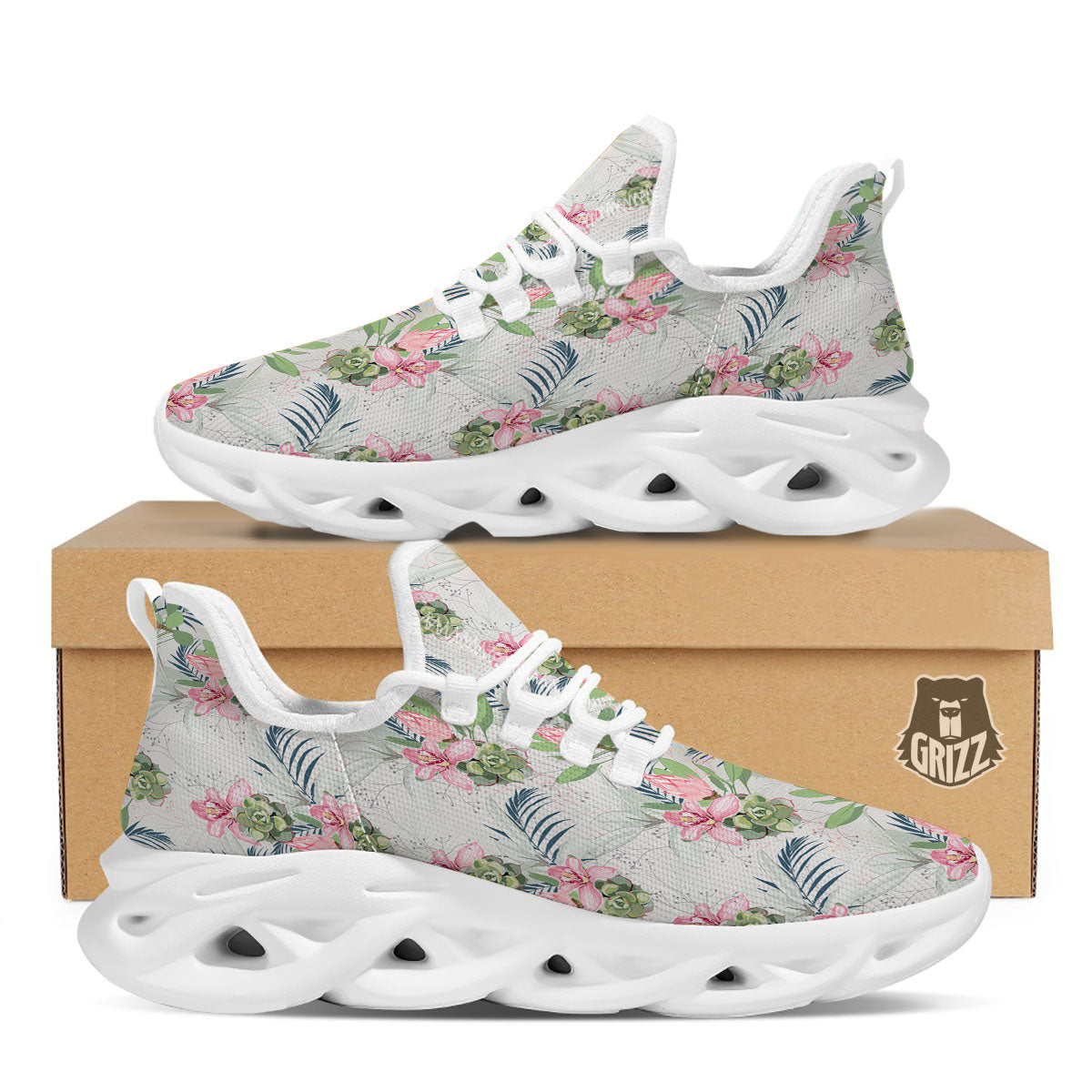 Protea Pink Print Pattern White Running Shoes-grizzshop
