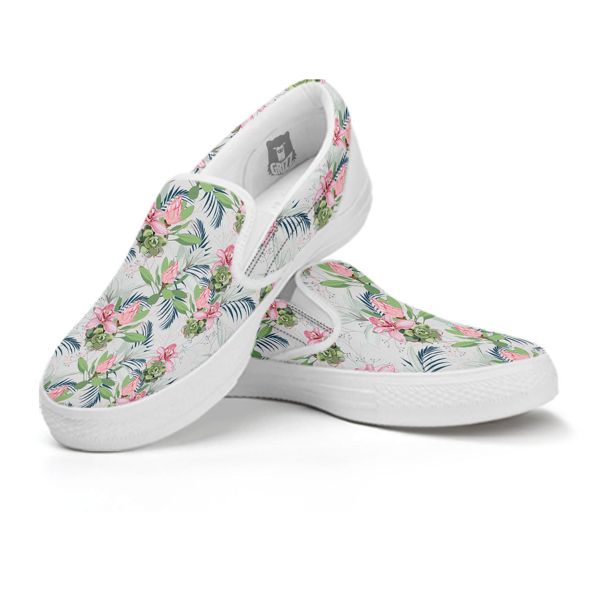Protea Pink Print Pattern White Slip On Shoes-grizzshop