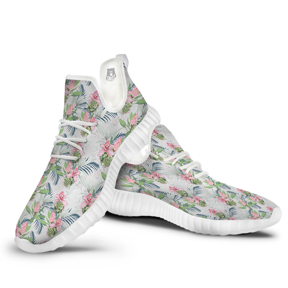 Protea Pink Print Pattern White Walking Shoes-grizzshop