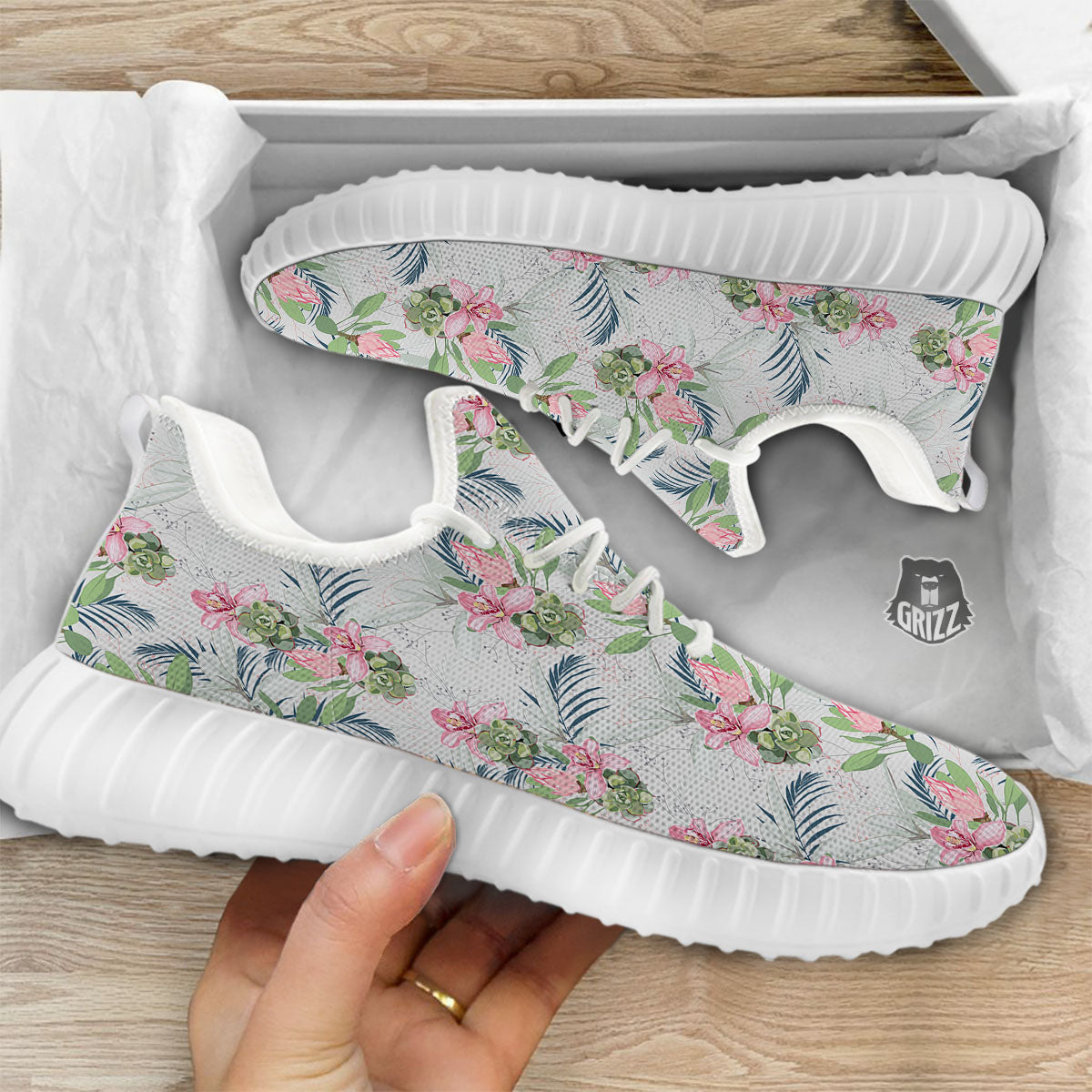 Protea Pink Print Pattern White Walking Shoes-grizzshop