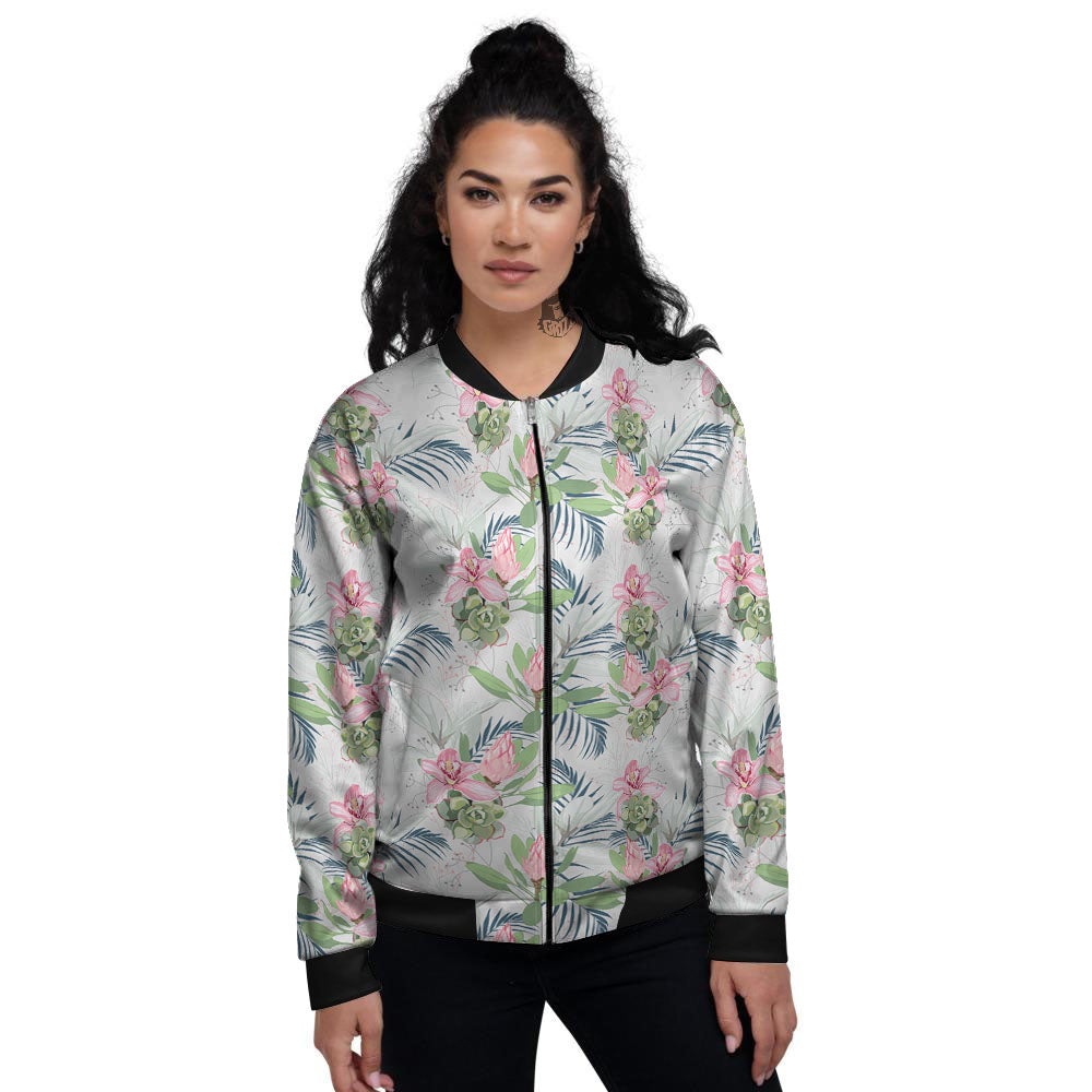 Protea Pink Print Pattern Women's Bomber Jacket-grizzshop