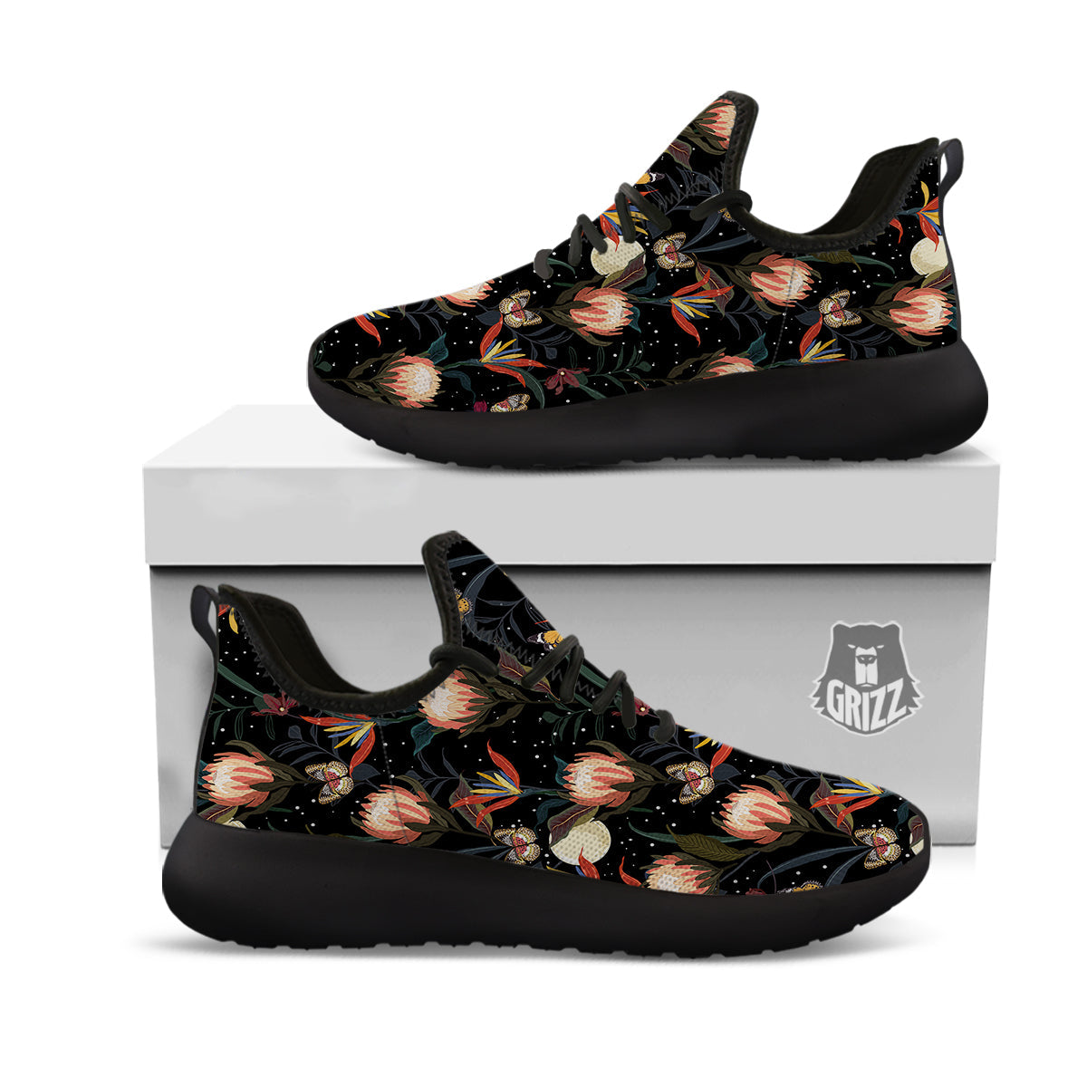 Protea Watercolor Print Pattern Black Athletic Shoes-grizzshop