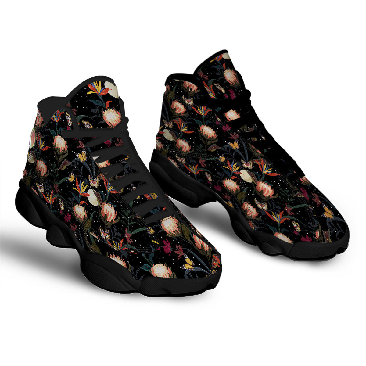 Protea Watercolor Print Pattern Black Basketball Shoes-grizzshop